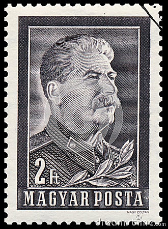 Stamp printed in Hungary shows portrait of Stalin Editorial Stock Photo