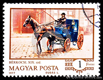 HUNGARY - CIRCA 1977: A stamp printed in Hungary showing horse drawing a coach Editorial Stock Photo