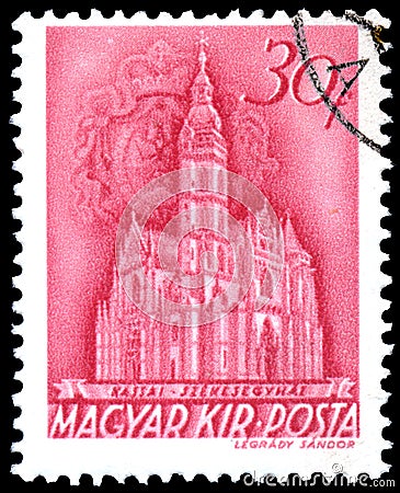 Stamp printed in Hungary shows Kassa Basilica Editorial Stock Photo
