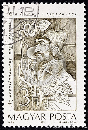 HUNGARY - CIRCA 1989: A stamp printed in Hungary shows Claudius Galenus anatomist and physiologist, circa 1989. Editorial Stock Photo