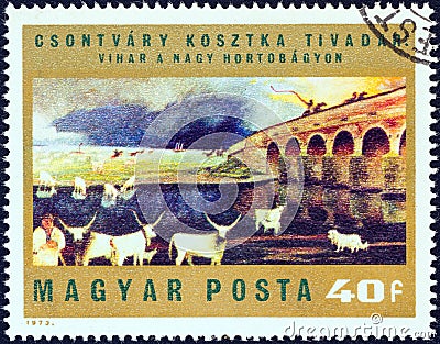 HUNGARY - CIRCA 1973: A stamp printed in Hungary shows `Storm over Hortobagy Puszta`, circa 1973. Editorial Stock Photo