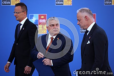 Hungary`s President Viktor Orban, Defence Minister Kristof Szalay-Bobrovniczky and Foreign Minister Peter Szijjarto Editorial Stock Photo