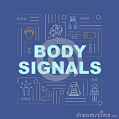 Hunger body signals word concepts banner. Appetite sense and digestive upset. Infographics with linear icons on blue Vector Illustration