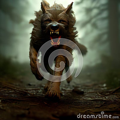 Hunger, scarey wolf is running. Red eyed, beast animal with big teeth. AI generative Stock Photo