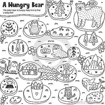 A Hungry Bear black and white labyrinth game for kids Vector Illustration