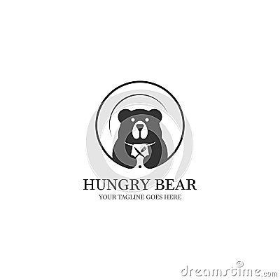 Hungry bear logo designs with platen on the background and food equipment on negative space Vector Illustration