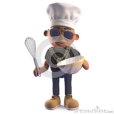 Hungry black hip hop rapper in chefs hat mixing a cake in a bowl with a whisk, 3d illustration Cartoon Illustration
