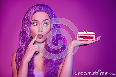 Hungry charming young lady hold jelly piece of cake on open hand cant stand obsession want to taste tempting dessert Stock Photo