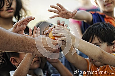 Hungry children in refugee camp, Stock Photo