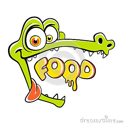 Hungry crocodile with open mouth and empty space, cartoon personage for cafe. The inscription food Stock Photo
