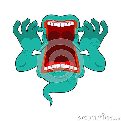 hungry ghost. Scary ghost spook. Horrible ghost frightening screams. Phasing white monster with an open mouth. Wild howl. Vector Illustration