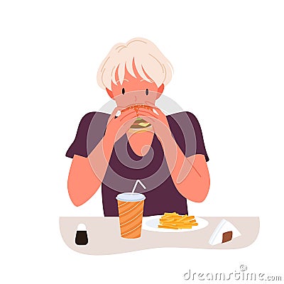 Hungry girl eating burger in fast food restaurant or cafe, young person with unhealthy diet Vector Illustration