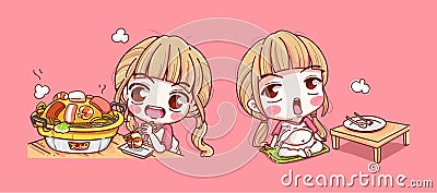 Hungry girl eating pork pan or buffet meal isolated on background with character design Vector Illustration