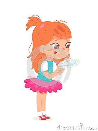 Hungry girl holding empty plate, cute child with funny face waiting for delicious food Cartoon Illustration