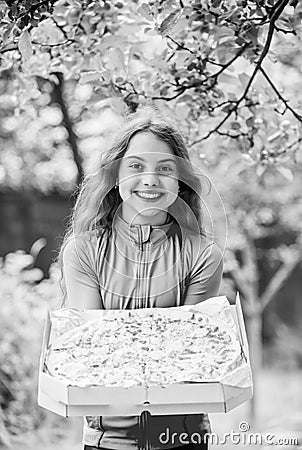 Hungry girl pizza box nature background, fresh hot pizza concept Stock Photo