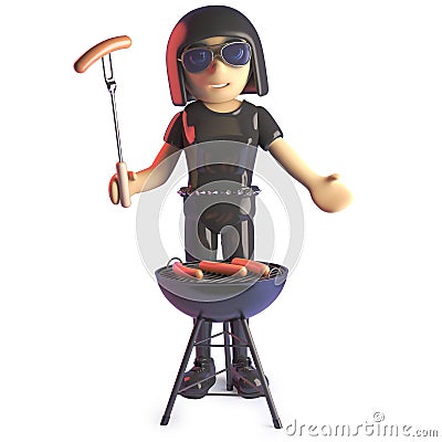 Hungry goth girl cooking sausages on a barbecue bbq, 3d illustration Cartoon Illustration