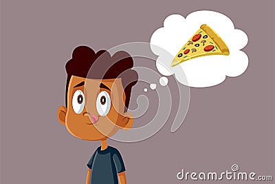 Hungry Kid Thinking about Pizza Snack Vector Cartoon Illustration Vector Illustration