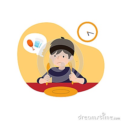 A hungry kid waiting for iftar time or break fasting vector illustration. children`s ramadan activity concept design Vector Illustration