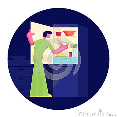 Hungry Man Wearing Pajamas Stand at Open Refrigerator at Night Going to Eat. Male Character Searching Meal at Darkness Vector Illustration