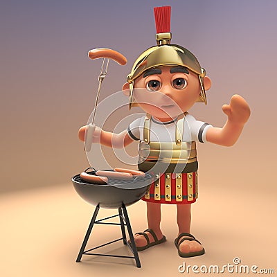 Hungry Roman legionnaire soldier in armour is cooking sausages on a barbecue bbq, 3d illustration Cartoon Illustration