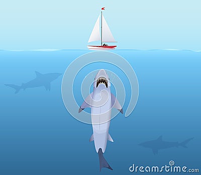 Hungry Shark with big jaw Attack yacht sheep from the water. Vector Illustration