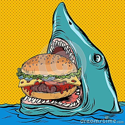 Hungry shark eating a Burger. fast food restaurant concept Vector Illustration