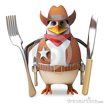 Hungry sheriff penguin the brave cowboy is hungry and holds his knife and fork ready, 3d illustration Cartoon Illustration