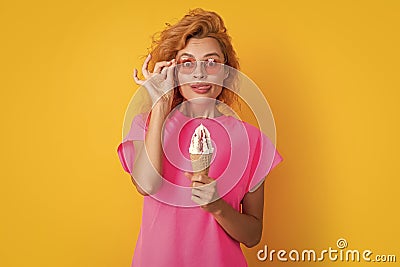 hungry summer woman with cone icecream on background. photo of summer woman Stock Photo