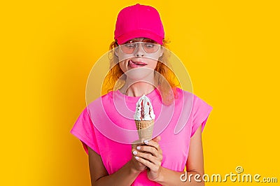 hungry summer woman with yummy cone isolated on yellow. summer woman Stock Photo