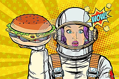 Hungry woman astronaut with Burger Vector Illustration