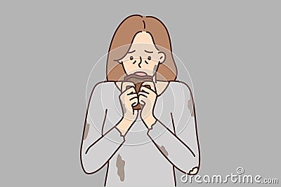 Hungry woman in dirty torn Tshirt brings piece bread to mouth after long absence food. Vector image Vector Illustration