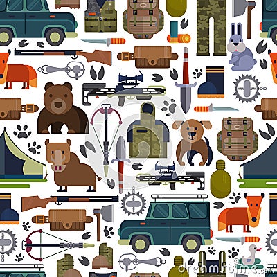 Hunt vector hunting ammunition or hunters equipment rifle shooting and backpack in camping with animals duck bear, boar Vector Illustration