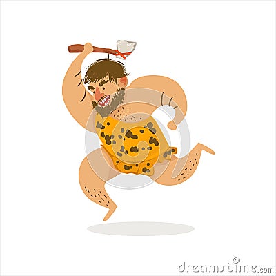 Hunter With Axe Running Cartoon Illustration Of First Sapiens Troglodyte In Animal Pelt Living In Stone Age Vector Illustration