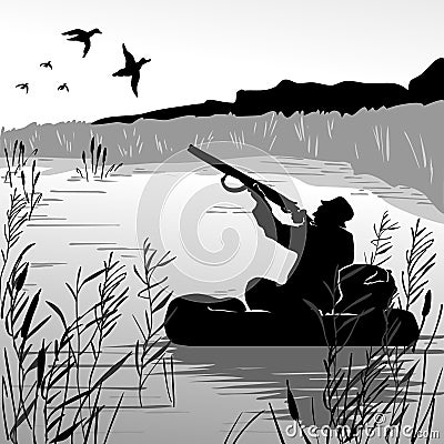 Hunter in boat shooting flying ducks. Hunter hiding in the bushes and reeds. Hunting for ducks. Forest Lake. Men's hobby. Vector Illustration