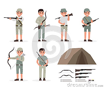 Hunter, huntsman, gamekeeper, forester and archer elements collection with weapons and various people actions Stock Photo