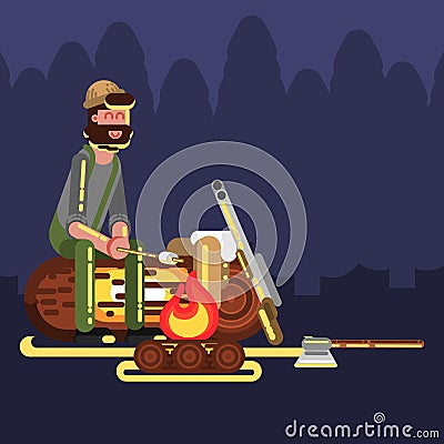 Hunter near fire Vector Illustration