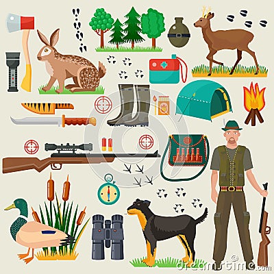 Hunter tourist man male tools and equipment stuff items set. Cartoon flat Hunting hunters icons collection. Vector Illustration