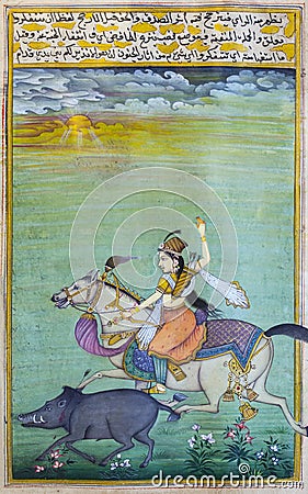 Hunter woman. Indian miniature painting depicting royal lifestyle scenes Editorial Stock Photo