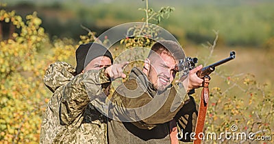 Hunters brutal poachers. Forbidden hunting. Breaking law. Poaching concept. Activity for brutal men. Hunters poachers Stock Photo