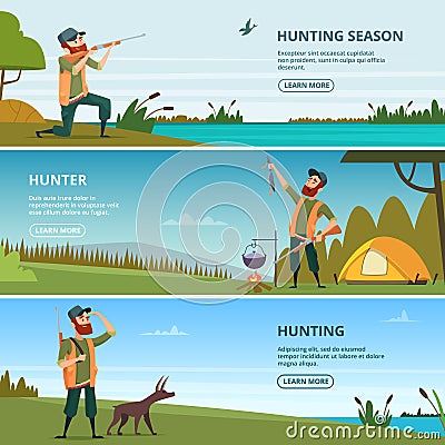 Hunters on hunt banners. Cartoon illustrations of hunting Vector Illustration