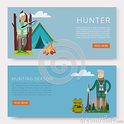 Hunters on hunt banners vector set. Cartoon illustrations of hunting. Hunter with shotgun, hunting leisure and adventure Vector Illustration