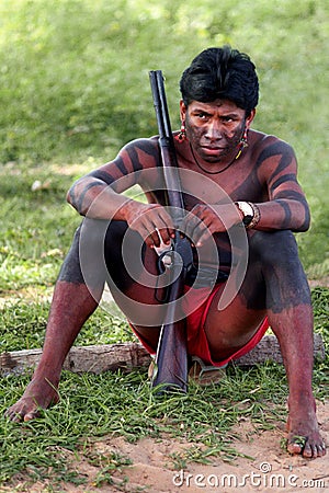 Hunters Krikati - Native indians of Brazil Editorial Stock Photo