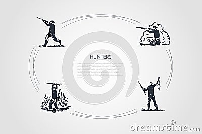 Hunters - men with gun shooting in forest and swamp, holding killed rabbit vector concept set Vector Illustration