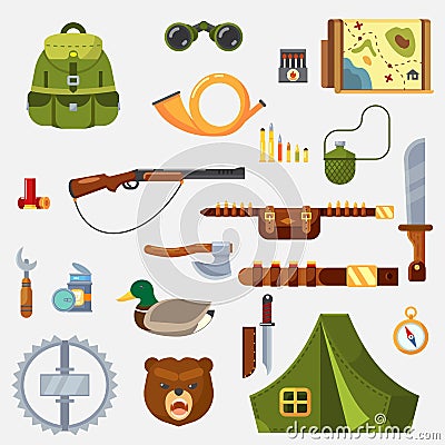 Hunting animal wild life leisure tackle and equipment icons set with rifle knive tent and survival kit isolated illustratio Cartoon Illustration