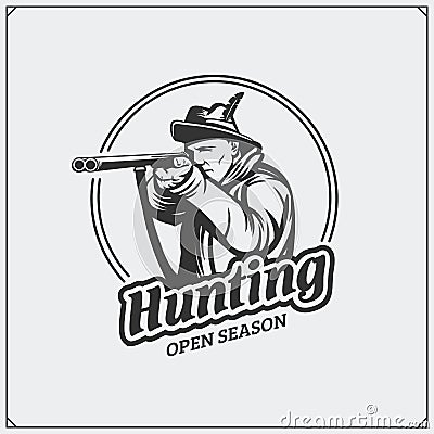 Hunting club emblem. Hunter with a gun. Vector Illustration