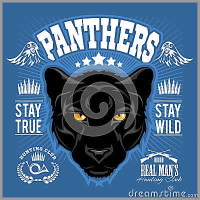 Hunting club sign. Hunter sport team shield symbol. Safari hunt of wild animal panther, logo, star Vector Illustration