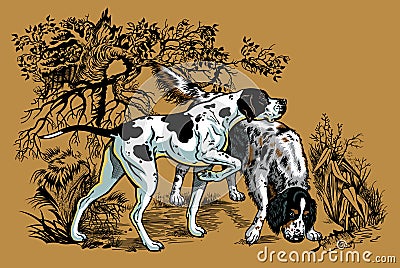 Hunting dogs in forest illustration Vector Illustration