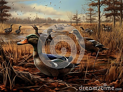 Hunting Duck decoys with wooden whistles Made With Generative AI illustration Cartoon Illustration