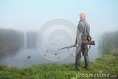 Hunting with ducks decoy on lake. Stock Photo