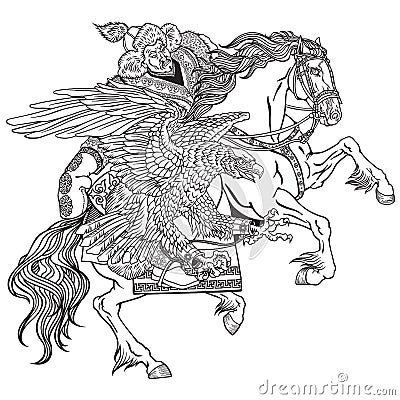 Hunting with eagle on a horse. Black and white illustration Vector Illustration